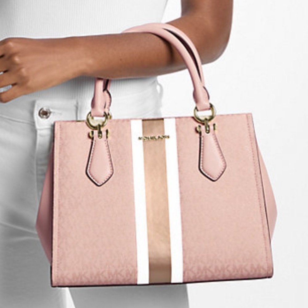 Michael Kors Blush Pink Signature Stripe Satchel - Picture 2 of 16